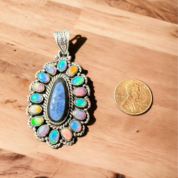 Inlayed Lapis in Black Onyx Surrounded by Fire Opals in Sterling Silver Pendant - Picture 5 of 8